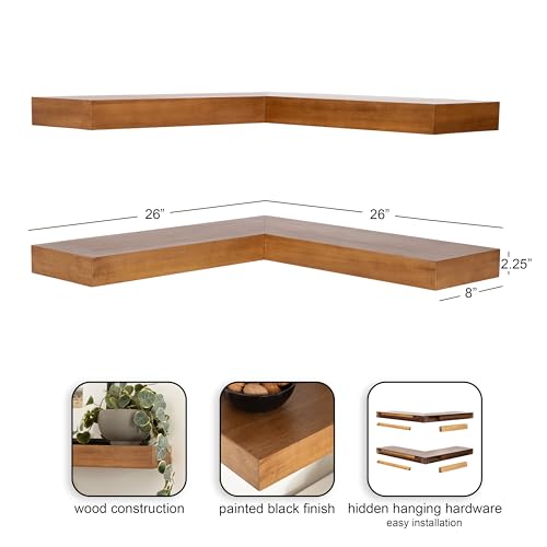 Image of Kate and Laurel Havlock Modern Wood Two-Piece Floating Corner Shelf Set, 26 x 8 x 3, Rustic Brown, Wooden Corner Shelving with Unique Geometric Shape for Living Room Decor or Entryway Storage