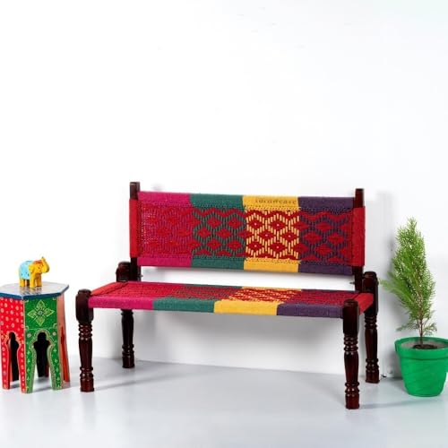 Image of Srima Wooden Bench for Living Room | Handcrafted Sheesham Wood Backrest Bench for Balcony & Garden | Traditional Rajasthani Patio for Outdoor with Cotton Handwoven Rope | Colorful 2