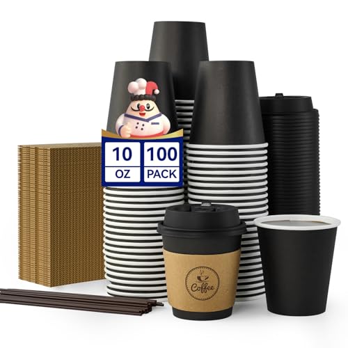 JOLLY CHEF 100 Count 10 oz Coffee Cups with Lids Sleeves and Stirrers for Home Office Kitchen Cafes Disposable Hot Paper Cups for all Kinds of Beverages