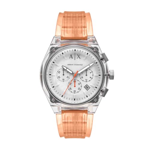 Armani Exchange Watch for Men Chronograph Movement and 46mm Case Size with Stainless Steel Leather or Silicone Strap, Silver Tone and Light Pink