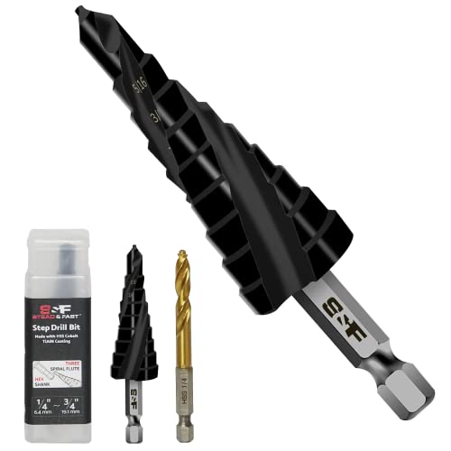 Image of S&F STEAD & FAST Cobalt Step Drill Bit for Metal, Three Spiral Flute, 1/4"-3/4", 1 pc, Heavy Duty Unibit, 1/4" Hex Shank, HSS M35 Steel Step Bit for Sheet Metal, Stainless Steel, Aluminum
