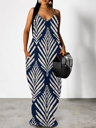Image of SUZONANA Women's Plus Size Summer Dresses Spaghetti Print Midi Dresses Long Loose Sundresses