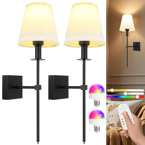 Image of Yexati Rechargeable Battery Operated Wall Sconces Set of 2 - Wireless Wall Lights for Bedroom with Remote and 5000mAh Dimmable Bulbs Timmer Design 12 Colors Wireless Wall Lamps for Bedroom Living Room