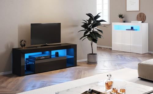 SONNI Lowboard Schwarz, TV Board Hochglanz, mit LED Beleuchtung, 12 Farben können eingestellt Werden, mit Klapptür, Glasregal, Griffloses Design, TV-Schrank, Fernsehtisch, TV-Regal, 140x35x50,5cm