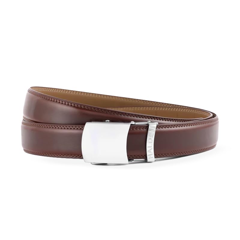 Image of HALDEN BURLEY Men's Brown Ratchet Belt | Auto-Lock Leather Formal Belt with Magnetic Buckle | Adjustable Free Size Fits Up to 44 Inch Waist