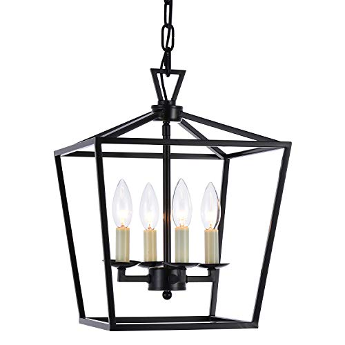 Lowest Price A1A9 4-Light Lantern Chandelier Ceiling Light Fixture, Farmhouse Pendant Light Industrial Vintage Hanging Light for Dining Room, Stairway, Corridors, Aisles, Foyer (Black)