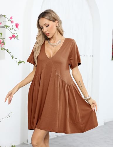 Image of Gozoloma Women Summer Short Sleeve Mini Dress Casual Loose V Neck Flowy Sundress Vacation Tshirt Sun Dress with Pockets