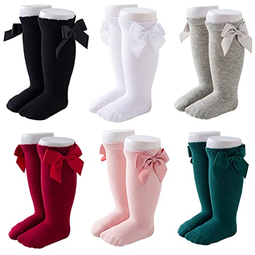 Image of Marchare Baby Girls Knee High Socks Baby Girls Bow Stockings Cotton Uniform Stockings Dress Socks 5 Pack,0-5T