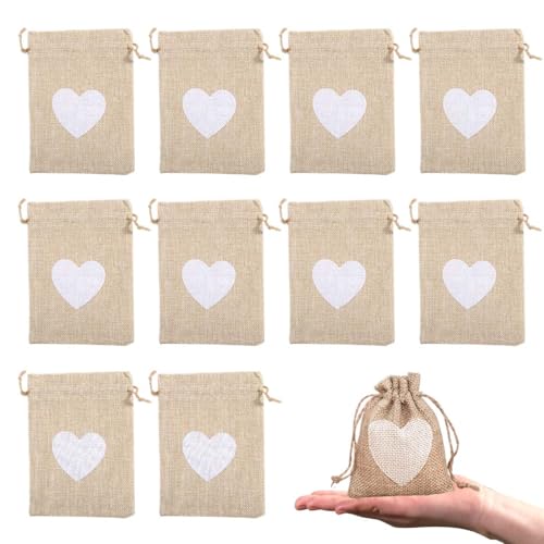 LKJAUOZ 10Pcs Motif de Coeur Sachets en Toile de Jute Pochettes 10 * 8CM, Petit Pochon Dragees pour Dragees Mariage pour Bonbons Adeaux Cadeau Baptême...