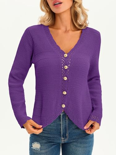 Image of Saodimallsu Womens V Neck Cardigan Sweaters Button Up Cropped Boho Knit Long Sleeve Loose Trendy Sweater Tops