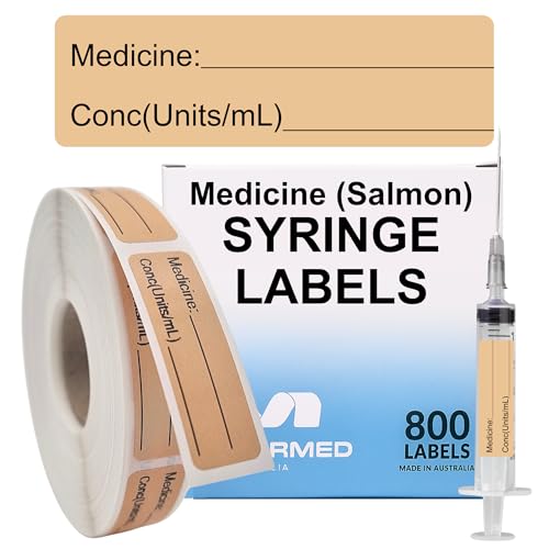 Image of Salmon Medicine Syringe Labels (Units /mL) - 800 Medication Labels Stickers, 12mm x 40mm, for Hospitals, Pharmacy & Vet