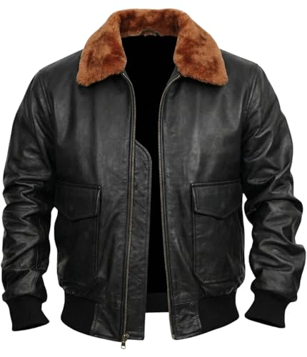 Image of Mens A2 Aviator Cockpit Bomber Leather Jacket - Distressed Pilot Jackets - G1 Fur Collar Flight Leather Jacket