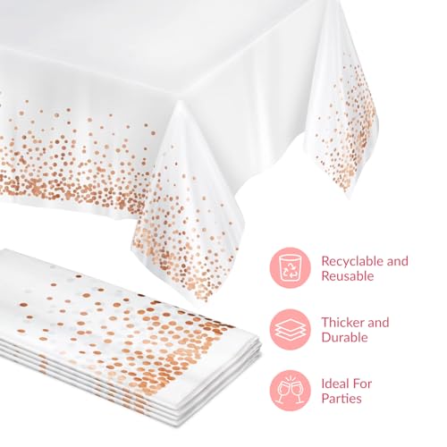 Image of Prestee Rose Gold Plastic Table Cloth Disposable, 4 Pack - 54x108 Inch Rectangle Tablecloths for Wedding and Party - Heavy-Duty, Waterproof Table Covers - Pink and Gold, for Birthday or Fine Dining