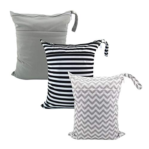 Image of ALVABABY 3pcs Baby Cloth Diaper Wet Dry Bags Waterproof Reusable with Two Pockets Travel Beach Pool Daycare Soiled Baby Items Yoga Gym Bag for Swimsuits or Wet Clothes M Size 3L-ZM01