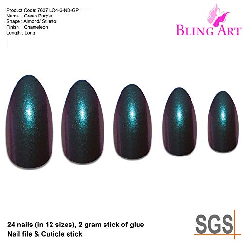 Falsche Nägel Bling Art Grün Lila Chameleon Mandel Stilett 24 Fake Tipps – Bild 4