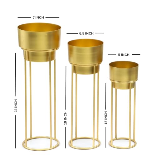 Image of ZM Handicrafts Metal Floor Planter Pot Stand with Gold Finish, Set of 3, Modern Style, for Living Room, Bedroom, Balcony, Office | Indoor /Outdoor Flower Pot Stand with Pots (Gold Pot)