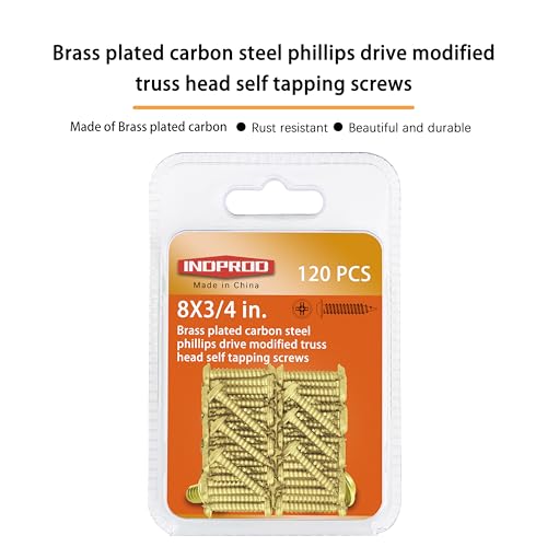 Indprod SKU2024032000000008 Indorod #8 X 3/4 Inch Truss Head Phillips Wood Screw (120 Pack), Brass Plated Screws, Self Tapping Wood Screws, Modified Truss Head thumb #5