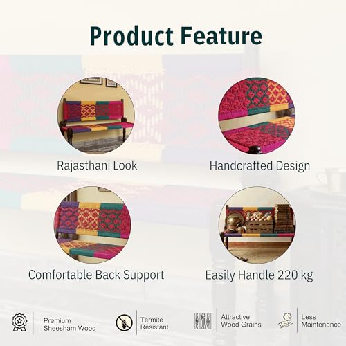 Image of Srima Wooden Bench for Living Room | Handcrafted Sheesham Wood Backrest Bench for Balcony & Garden | Traditional Rajasthani Patio for Outdoor with Cotton Handwoven Rope | Colorful 2