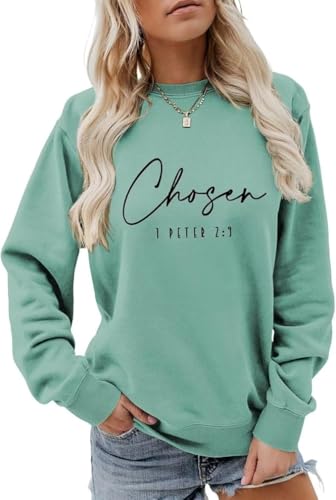 LLuao Chosen 1 Peter 2:9 Sweatshirt Christian Sweatshirt Bible Verse Shirt Faith Shirt Women Casual Crewneck Pullover Tops green m