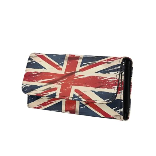 Painting UK Flag Slim Card Wallets for Women Union Jack Flag Print Leather Long Wallet Trifold Zipper Pocket, Retro British Slim Leather Wallet with ID Window