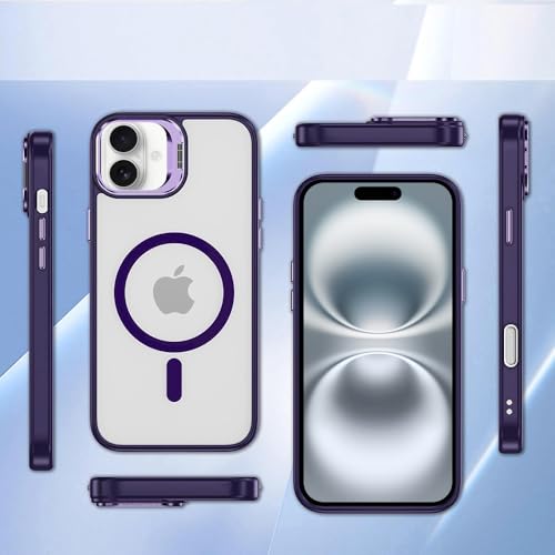 Image of amazon basics Mobile Cover | Compatible with MagSafe | Adjustable Camera Ring Stand | with Tempered Glass Camera Lens Ring | Magnetic PC & TPU Kickstand Case Cover for Apple iPhone 16 (Purple)