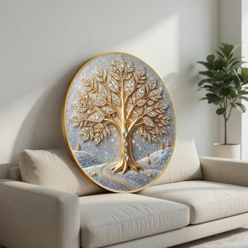 Image of SAF Tree of Life Wall Painting with Golden PVC Frame Round Luxury Wall Art Modern Decorative Design for Living Room Bedroom Office Home Decor Elegant Gift Item (20 x 20 Inch) GRL-358