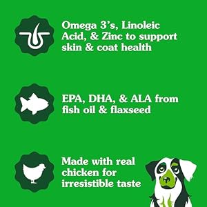 Greenies Supplements Dog Skin and Coat Supplements with Fish Oil & Omega 3 Fatty Acids, Chicken Flavor, 80 Count Soft Chews, 14.7 oz. Greenies Supplements Dog Skin and Coat Supplements with Fish Oil & Omega 3 Fatty Acids, Chicken Flavor, 80 Count Soft Chews, 14.7 oz.