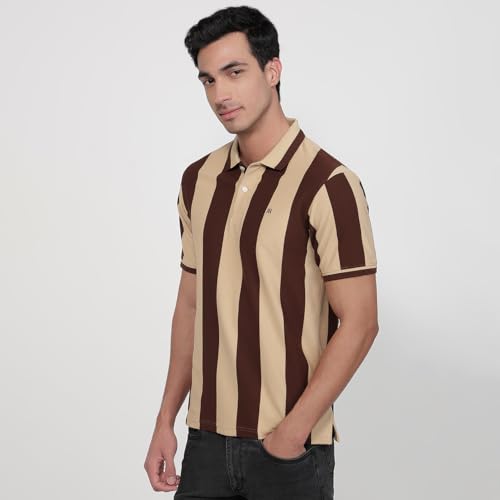 Image of Raymond Men Modern Fit Stripe Pattern Pure Cotton Polo Neck Half Sleeve Casual T-Shirt