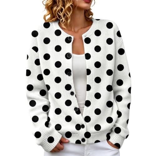 Women Polka Dot Cardigan Sweater Long Sleeve Button Knit Top Crew Neck Tops - image 2