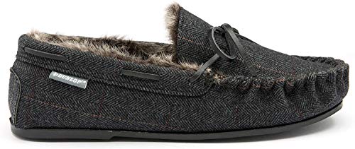 Dunlop Mens Moccasin Chaussons confortables en fausse fourrure doublée Comfy mousse à mémoire de forme Taille EU 41-46, Noir , 46 EU