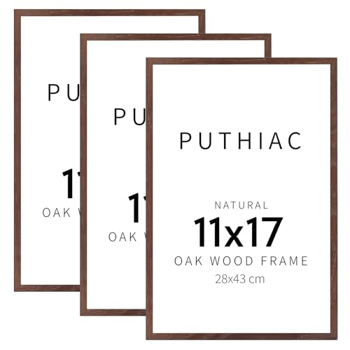 puthiac 11x17 Walnut Oak Wood Picture Frame - Minimalist 11x17 Poster Frame, 11"x17" Frame Wood, Natural Solid Wooden Picture Frames for Wall Art Photo and Prints (3 Pack, Walnut)