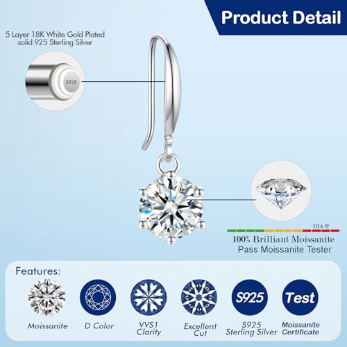 2-4CT Moissanite Dangle Earrings, 6P DF Color Ideal Cut Simulated Moissanite 925 Sterling Silver Earrings for Women with Certificate of Authenticity3