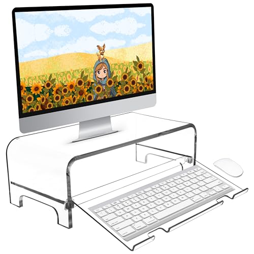 AMT 5.7 Inch Acrylic Monitor Stand and Laptop Riser with Keyboard Cover, Clear Desktop Shelf for Office and Home