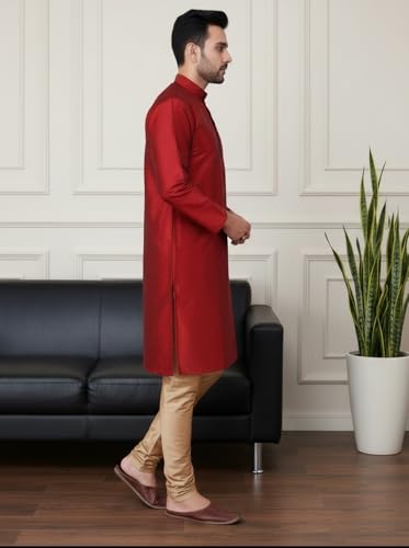 Image of Sadree Men's Silk Blend Mandrin Collor Full Sleeve Knee Length Indian Kurta Chudidar Pyjama Set