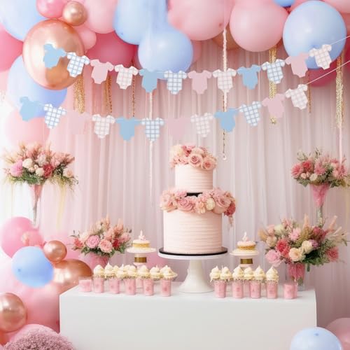 Image of Weysat 2 Pcs Baby Clothes Banner Baby Boys Girls Shower Decorations Pink Blue Bodysuit Clothesline Banner Gender Reveal Birthday Neutral Party Outfit Paper Decor Supplies