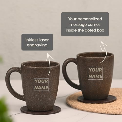 Image of Eha Earth Friendly Customised Coffee Mugs and Coasters Set of 2 with Loopac, 300 ml | Made with Rice Husk Biocomposite | Personalized Gifts for Friends and Family | Coffee