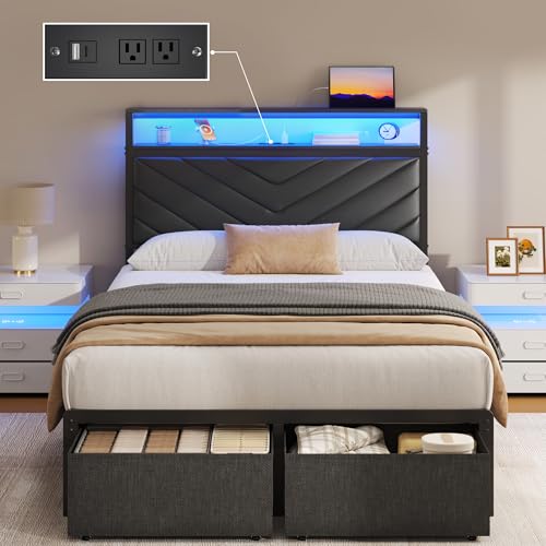 Image of Fluest Twin Bed Frame with Storage Drawers, Upholstered Headboard with Charging Station, LED Lights, Fabric Drawers with Wheels, Under Bed Storage, No Box Spring Needed, Easy Assembly, Black
