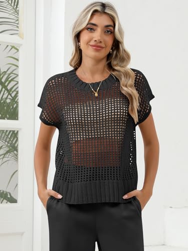 Women Summer Short Sleeve Crochet Sheer Knit Sweater Top Beach Cover Up Hollow Out Sexy See Through T-Shirts3