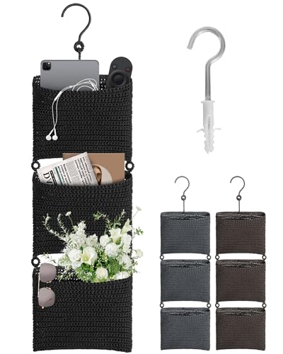 Wymulot 3 Tier Wall Mounted Magazine Rack, Magazine Basket with Hooks, Boho Storage Holder Books Basket for Newspaper, Remote Controls, Keys, Decorative Hanging Basket for Living Room, Bedroom (Black)