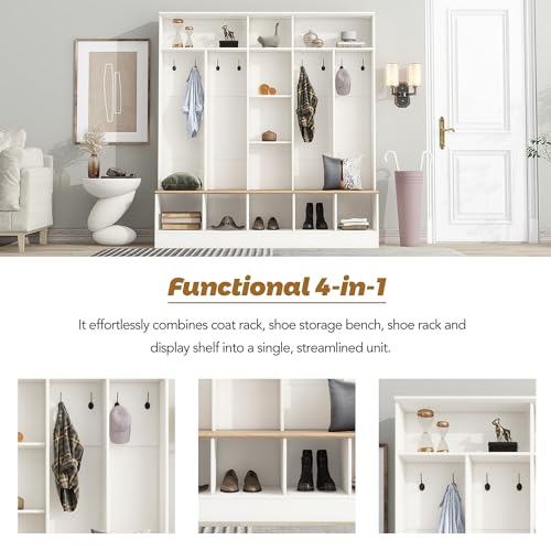 Image of Merax 66.9 inch Wide Hall Tree with Storage Bench, Shoe Cabinet with Cube, & Shelves, Coat Rack with 8 Hooks for Entryways