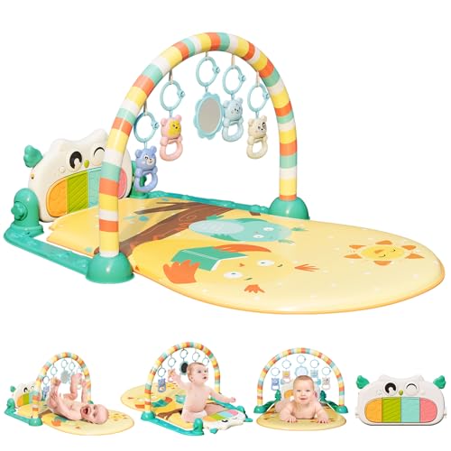 Image of dearlomum Baby Play Mat Baby Gym, Piano Tummy Time Baby Activity Gym Mat with 5 Infant Learning Sensory Baby Toys, Music and Lights Boy & Girl Gifts for Newborn Baby 0 to 3 6 9 12 Months(Yellow)