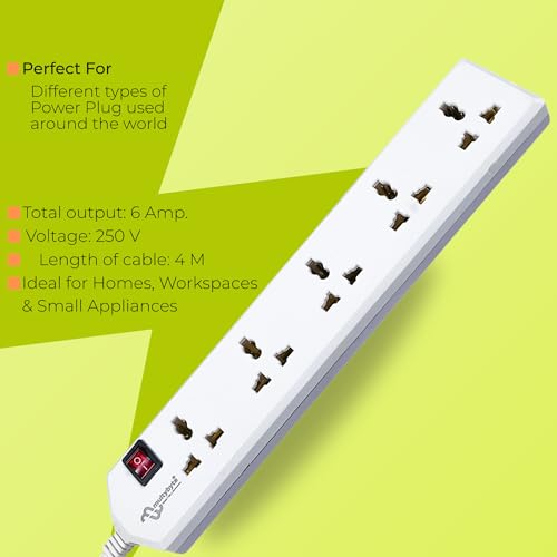 Image of MULTYBYTE 5 Socket 1 Switch Power Saving Outlet Extension Board, High Speed, Fast Charging- Power Strip, Surge Protector, 4M Cable Shockproof Fire-Retardant, Multipurpose Use Spike for Home & Office