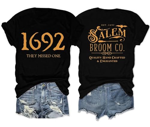 Huovud 1692 They Missed One T-Shirt Women Halloween EST 1692 Salem Witch Broom Funny Two Sides Letter Print Graphic Tee, Black, S