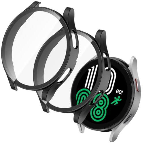 OFFCUP Protector de Pantalla, 2pcs 40mm Funda para Samsung Galaxy Watch 4 con Cristal Templado, Ultra Thin Protección Completa Duro Anti arañazos Anti Shatter HD Carcasa (Negro)