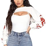 ORANDESIGNE Damen Crop Pullover Ultrakurz Sweatshirts Langarm Pulli Rundkragen Cut Outs Shirts Einfarbiger Crop Top Clubwear C Weiß M