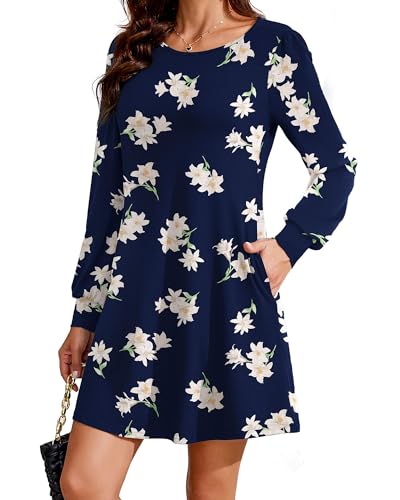 Actcat Vestido de manga larga para mujer, vestido midi con bolsillos, estilo rockabilly, ropa casual para mujer, 02 Lirienprint, L