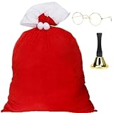Weihnachtsmann Sack Groß, Weihnachtssack Nikolaussack XXL, 70CM X 110CM, Rot Samtige Santa Sack, 3 Stück Geschenkesack Weihnachten Satz mit 50MM Weihnachtsmann Brille, Glocke