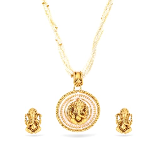 Image of Rubans Womens 24K Gold-Plated Divine Ganesh Motif White Pearl Studded & Beaded Multistrand Necklace Set