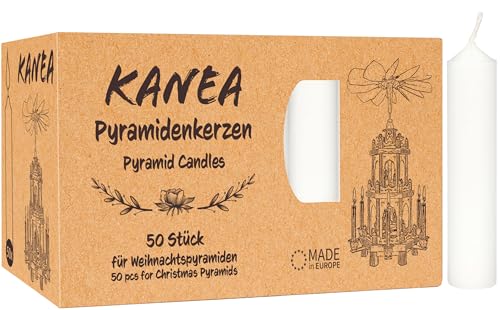 KANEA Confezione da 24 Candele Piramidali - Luci Festive per Pyramidi di Natale - Decorazioni in Cera per Alberi di Natale, Altezza 7 cm, Diametro 14 mm per un'Accogliente Festività - Bianco