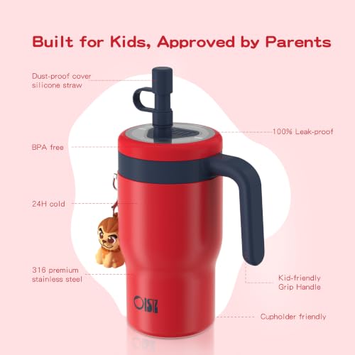 Image of OISIZ 14oz Kids Tumbler with Straw Lid & Handle,Kids Cup with Animal Accessory for School,Kids Water Bottles with Dust-proof Cover,Leakproof Water Bottles,316 Stainless Steel,Keep Cold 24 Hours-red